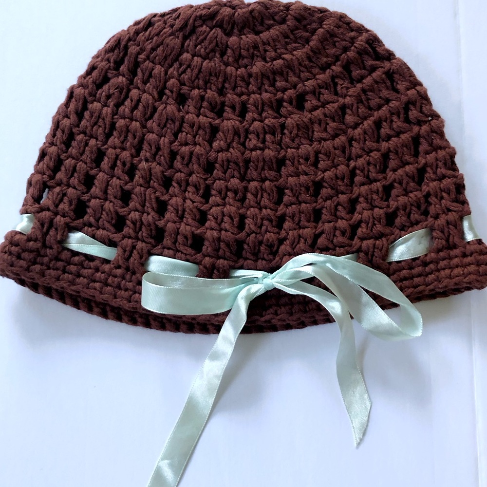 Goorin Brown Knit Beanie Skullcap 100% cotton blue satin ribbonbow Cloche Hat